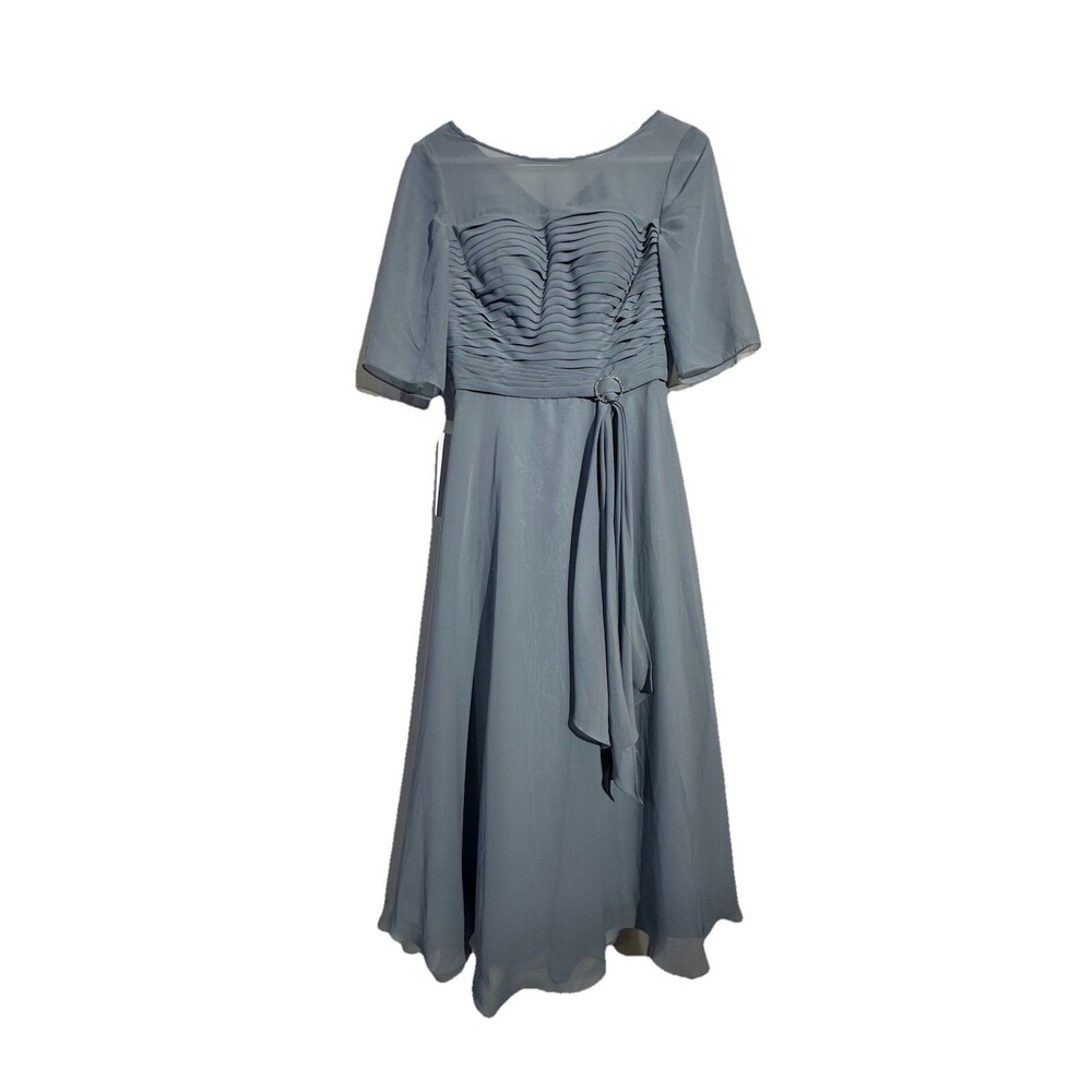 Azazie Kaleigh Dusty Blue A-Line Pleated Chiffon Floor-Length Bridesmaid Dress 4